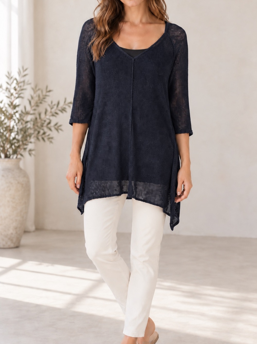 Eileen Fisher Navy 100% Linen V Neck Sheer Rib Knit Tunic Sweater Sz Small